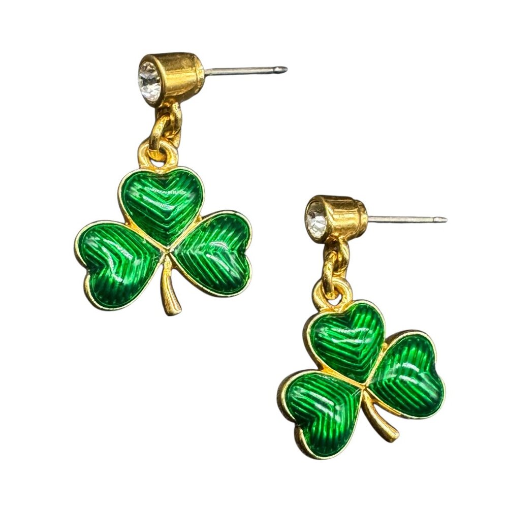 3 Leafs Clover Earrings Pierced Dangling Green Enamel St-Patricks